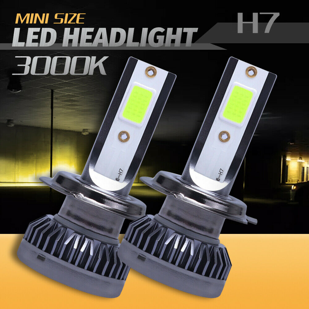 2PCS H7 Mini Golden Yellow 3000K LED Headlight Bulbs Hi-Low Beam Fog Lights 160W