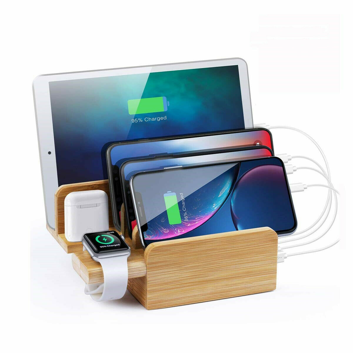 6 in 1 Multi-Device Charging Dock Wireless Charger Bamboo