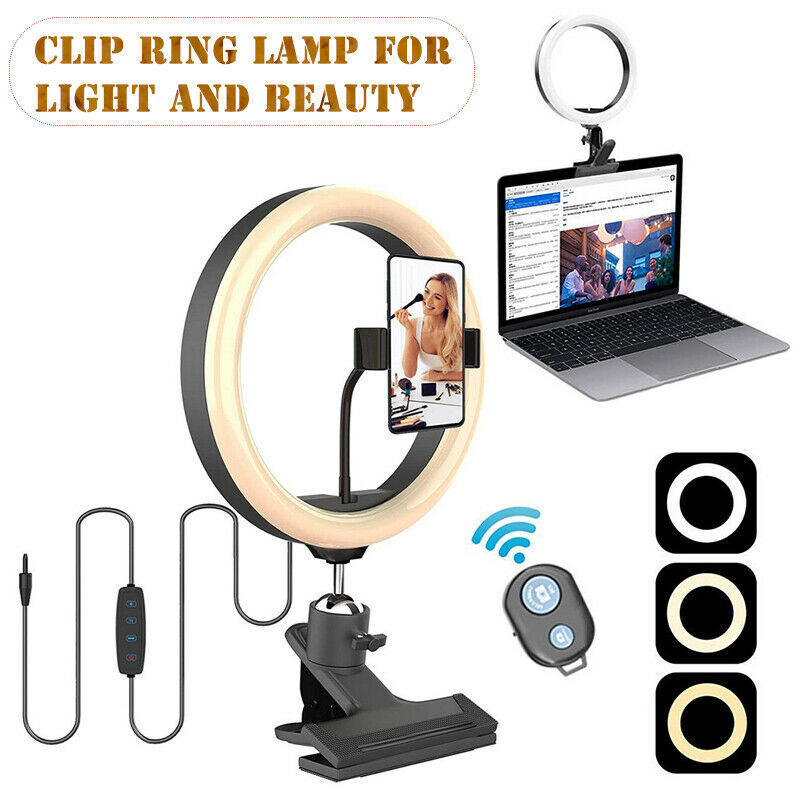 LED Ring Light Dimmable Lighting +Clip Clamp on Desktop Bed Table Monitor PC set