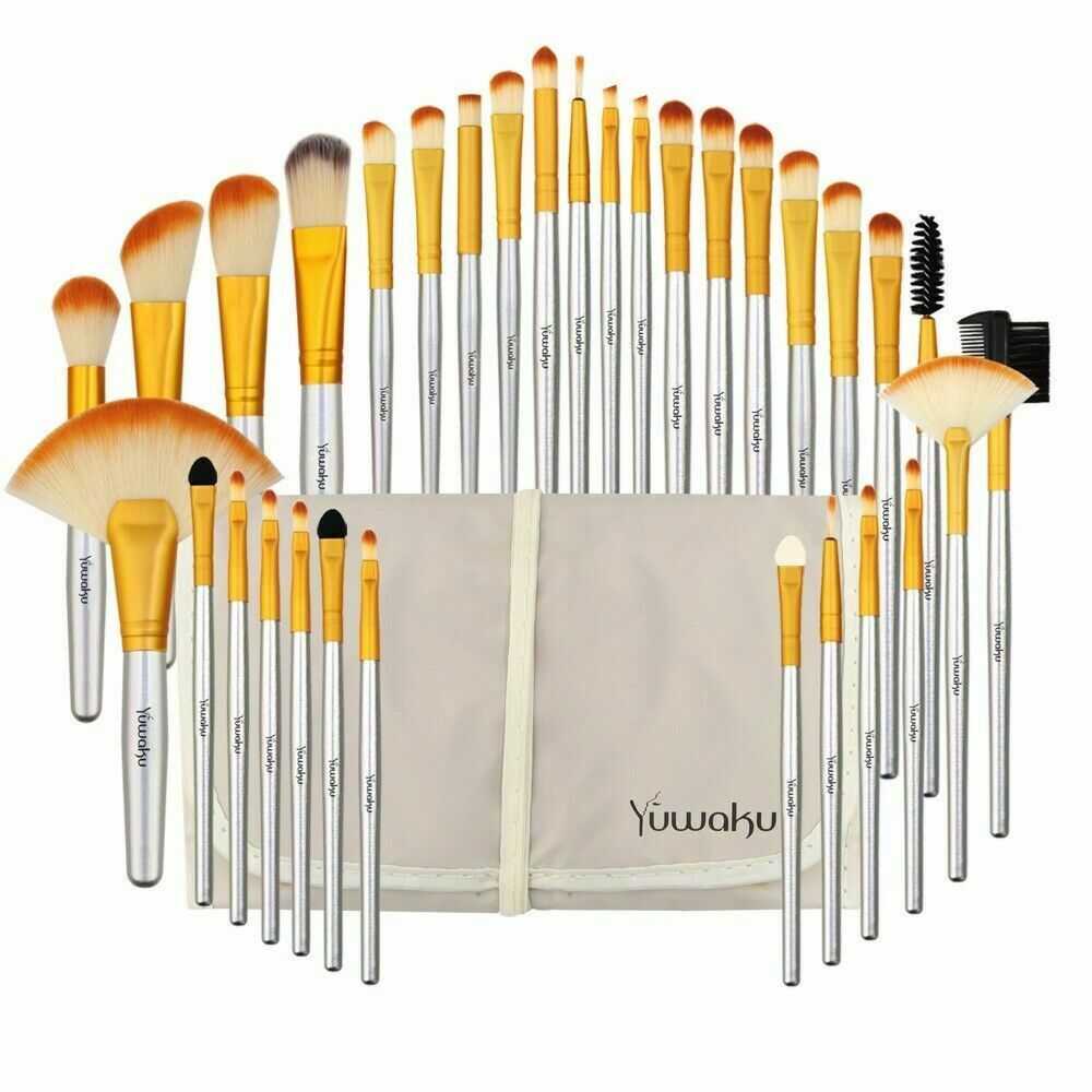 32Pcs Kabuki Makeup Brushes Contour Foundation Pencil Brushes & Champagne Bag US