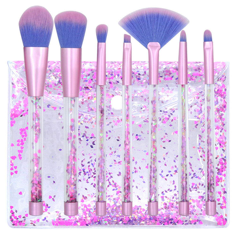 7pcs Makeup Brushes Set Mermaid Unicorn Crystal Quicksand Sequins + Pouch Case