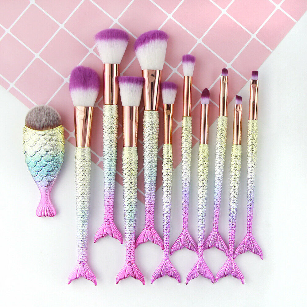 11Pcs Mermaid Makeup Brushes Eyebrow Shadow Face Slender Tool Pink Set Useful US