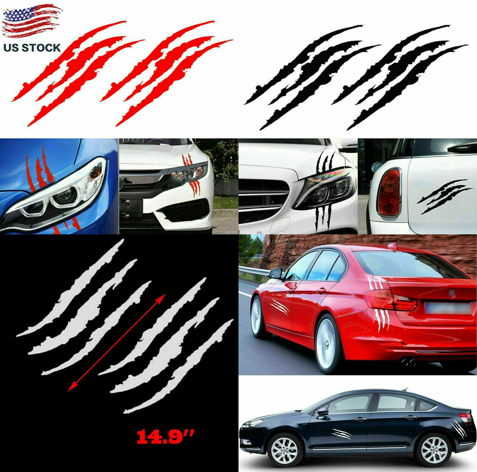 2Pcs Monster Claw Scratch Decal Reflective Sticker For Car Headlight Decor USA