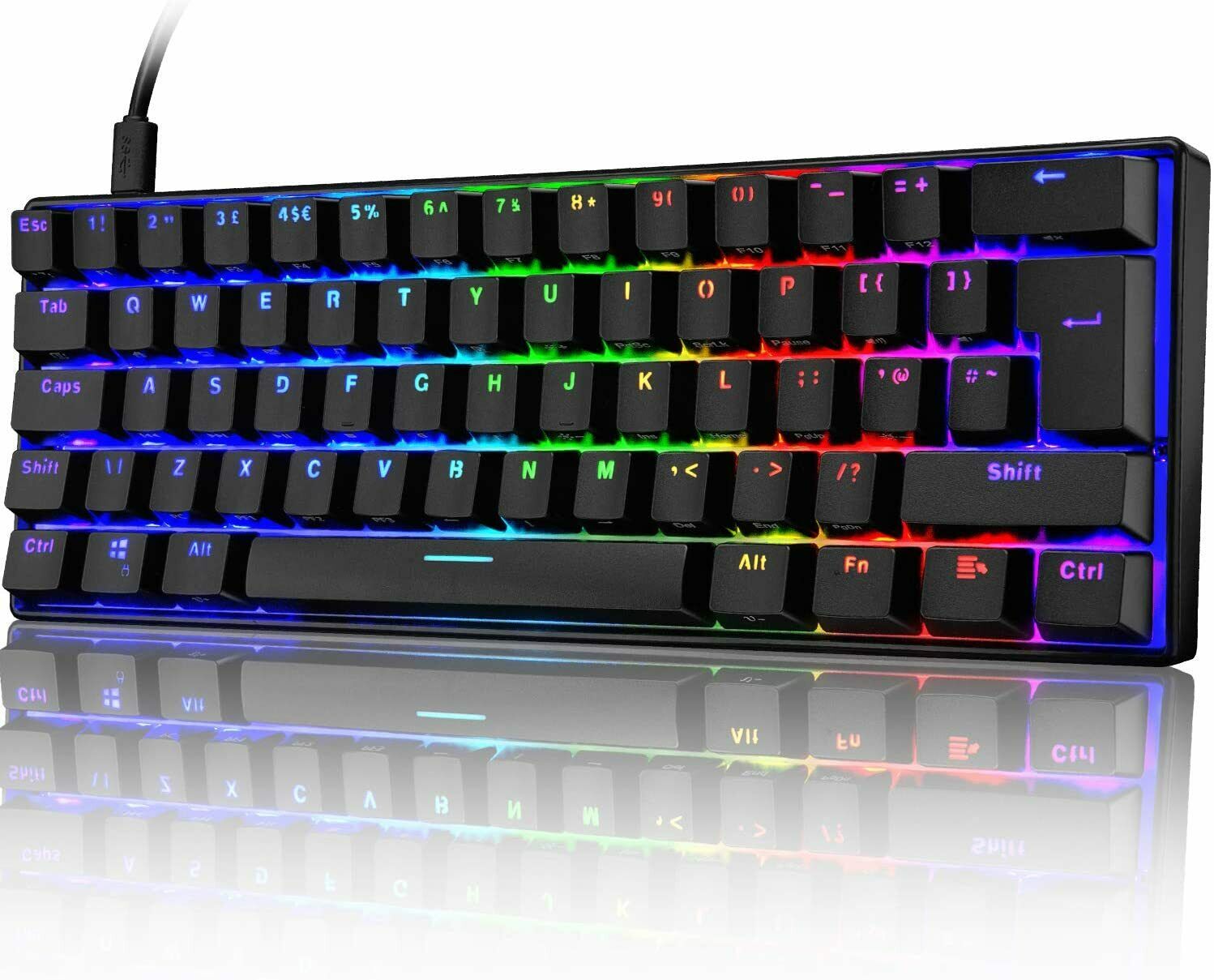 US 60% Mechanical Gaming Keyboard Portable with Rainbow RGB Backlit Wired USB-C