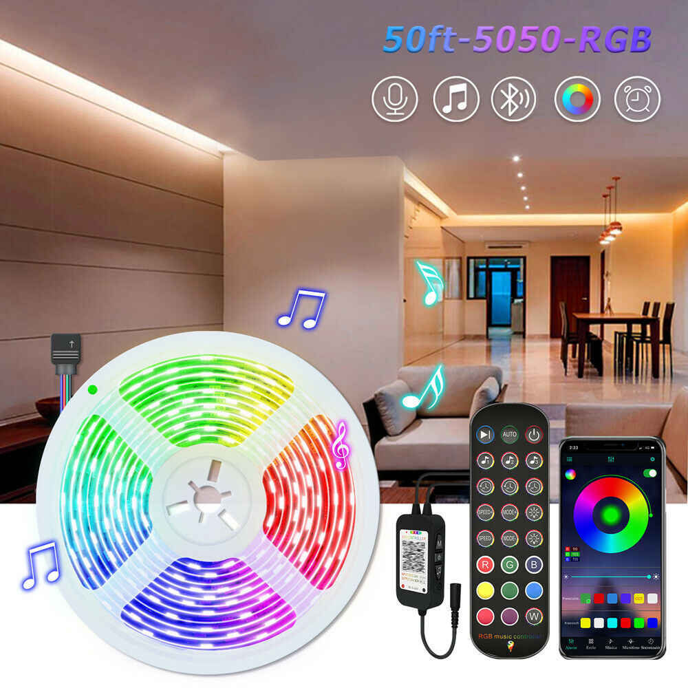 50FT LED Strip Lights Bluetooth APP Control 5050 Music Sync Remote Bar Light Kit