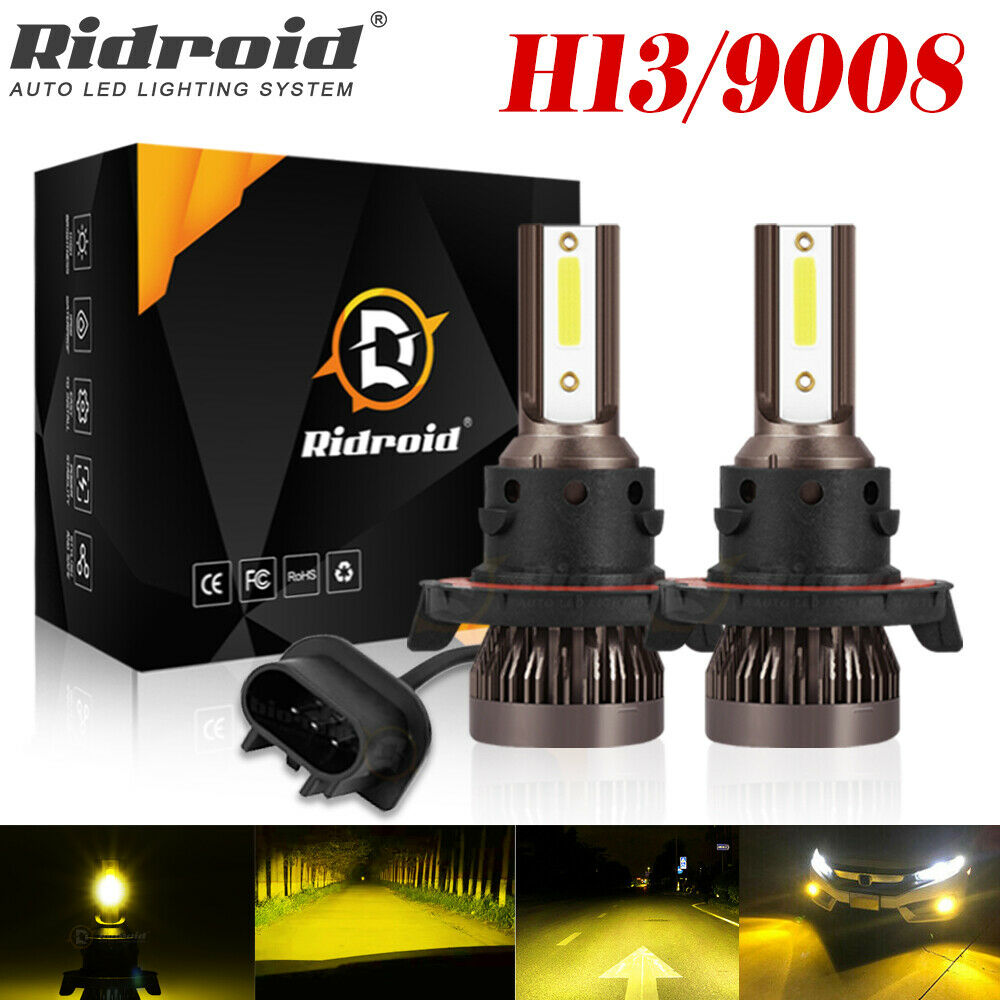 Mini H13 9008 LED Headlight Bulbs Conversion Kit Hi/Lo Beam 3000K Yellow Lights