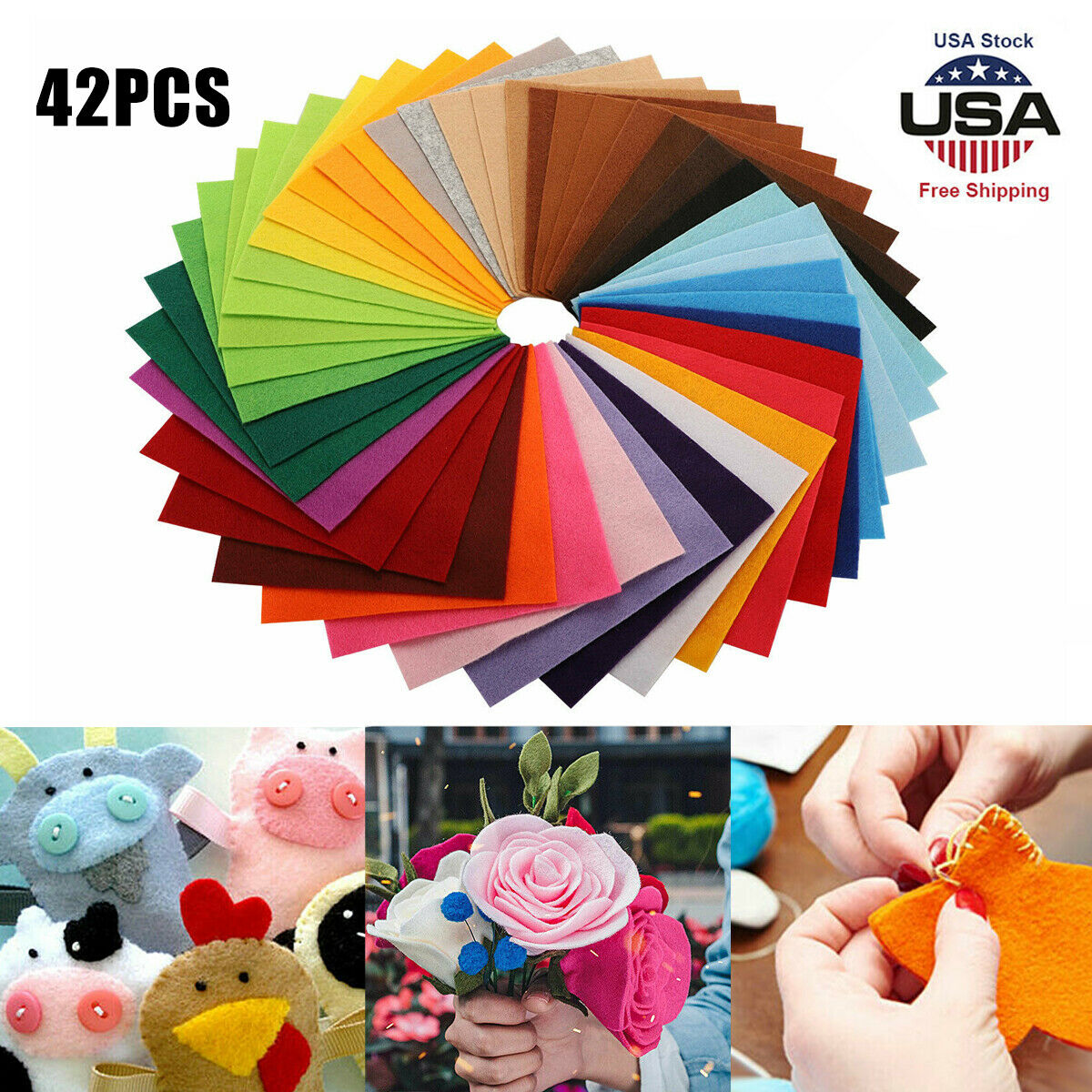 42pcs 6" Colorful DIY Soft Nonwoven Felt Fabric Sheets Craft Patchwork Handwork