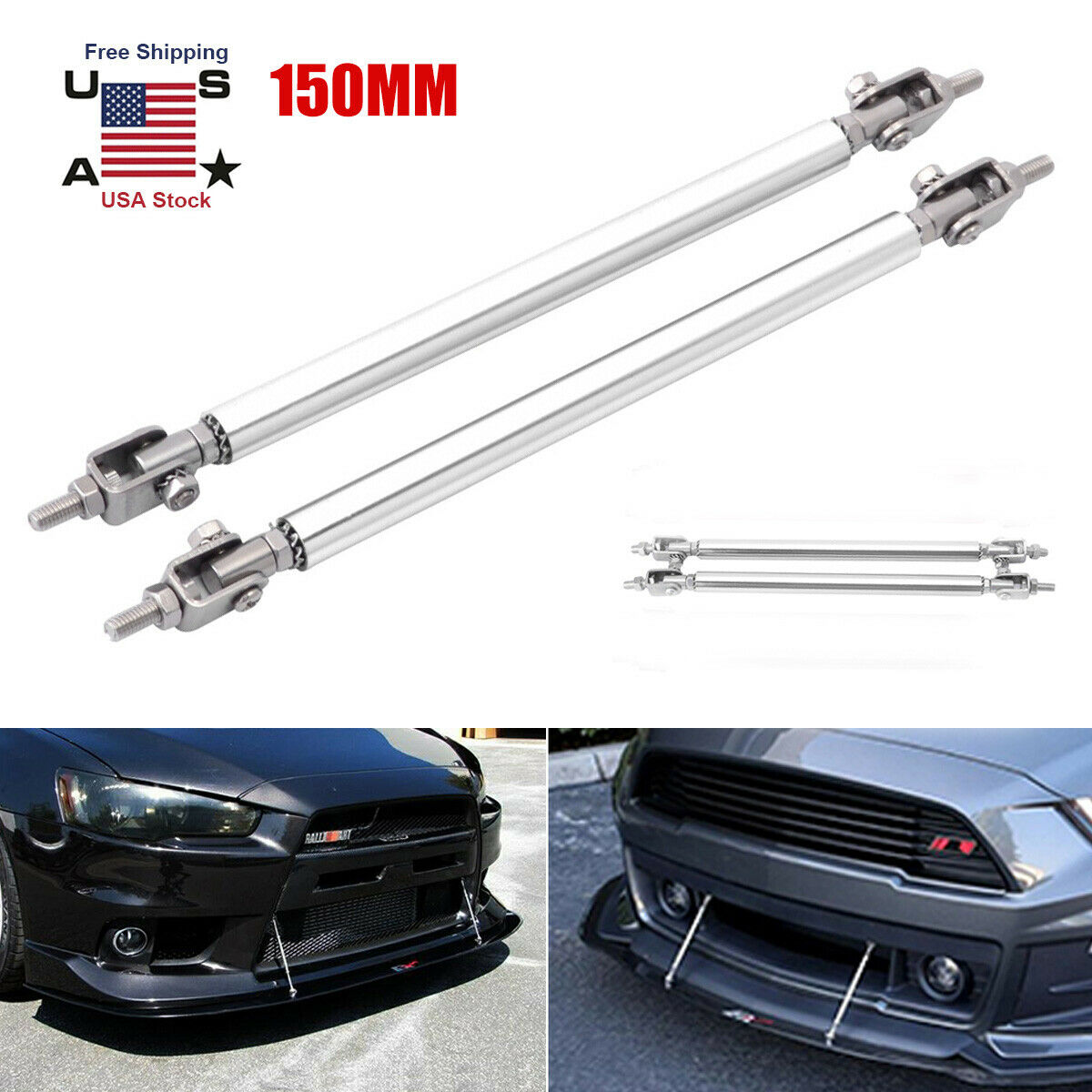 2x Adjustable Car Front Bumper Lip Splitter Strut Rod Tie Support Bars Silver US