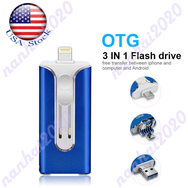USB 3.0 Flash Pen Drive Memory Photo Stick 3-IN-1 Thumb Drive OTG For iPhone US
