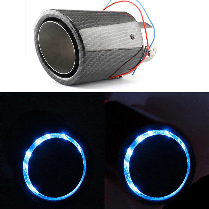 63mm Inlet Car Muffler Carbon Fiber Style Exhaust Tip Tail Pipe Blue LED Light