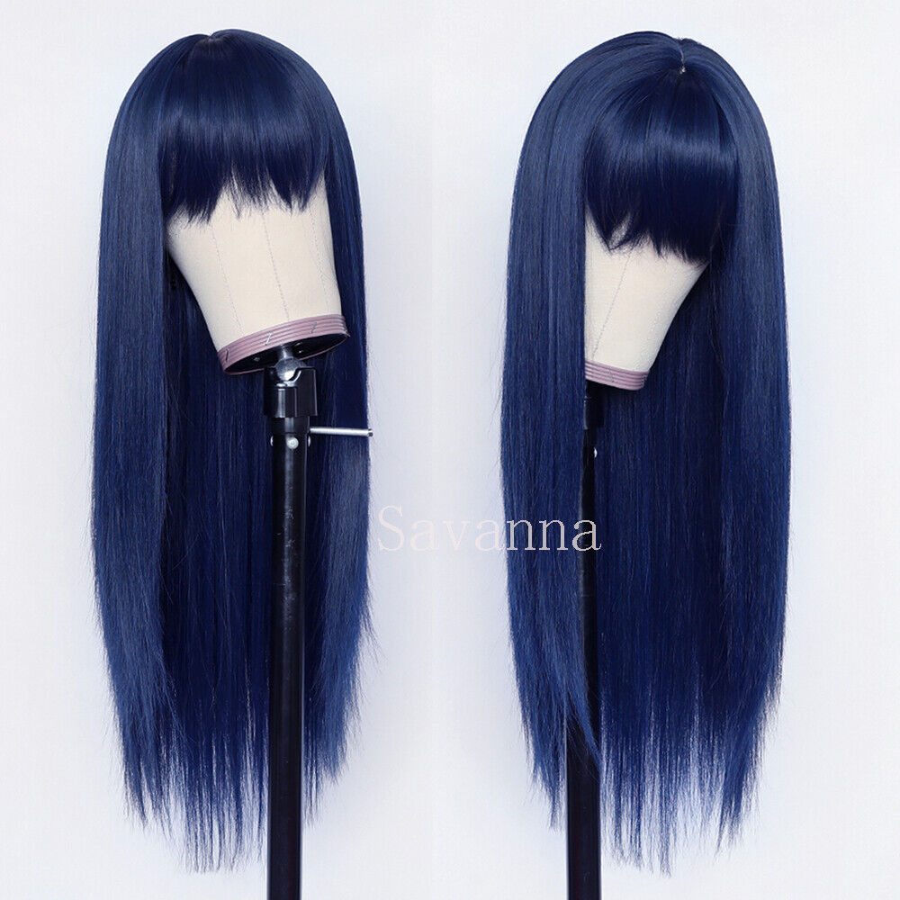 Full Neat Bangs Dark Blue Synthetic None Lace Wigs Heat Safe Cosplay Party Wig