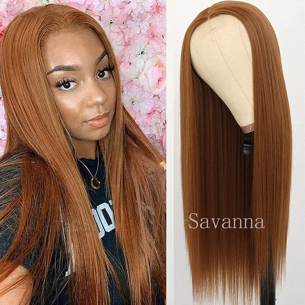 Brown Synthetic None Lace Wigs Long Straight Glueless Heat Resistant Natural Wig