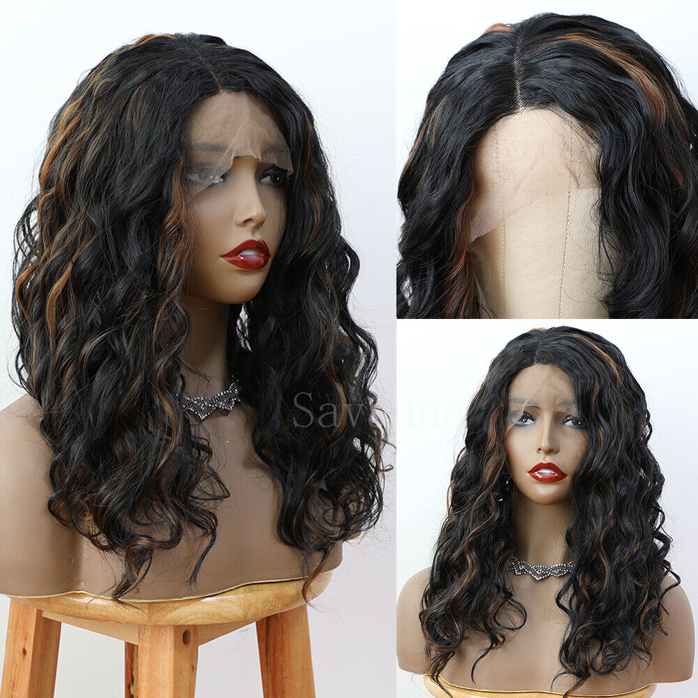 Highlight Synthetic Lace Front Wigs Kinky Curly Heat Resistant Side Part Natural
