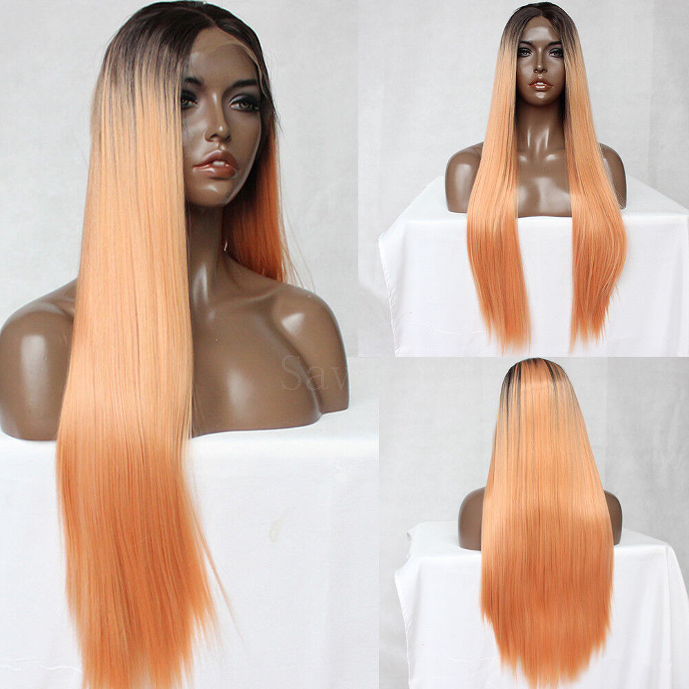Orange Lace Front Wig Synthetic Peluca Long Straight Hair Dark Root Ombre Wigs