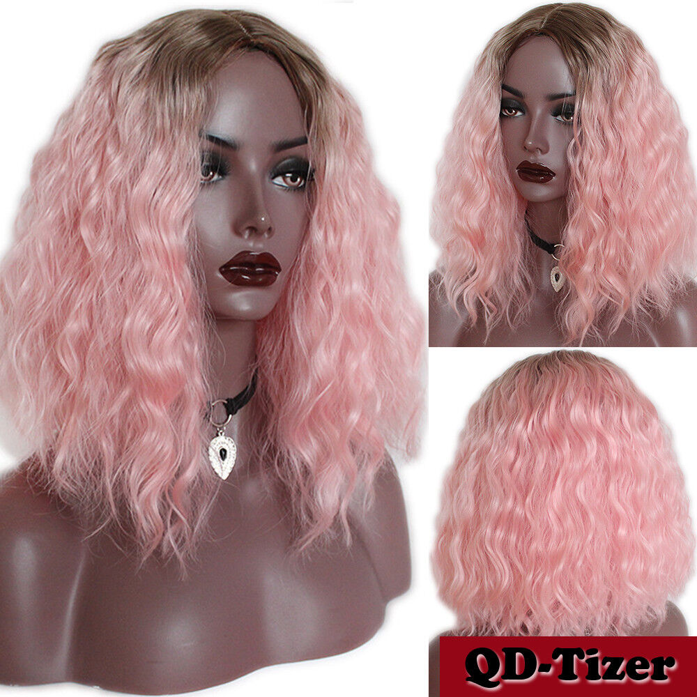 Short Bob Wigs Ombre Pink Color Synthetic Cosplay Wig Loose Curly Heat Resistant