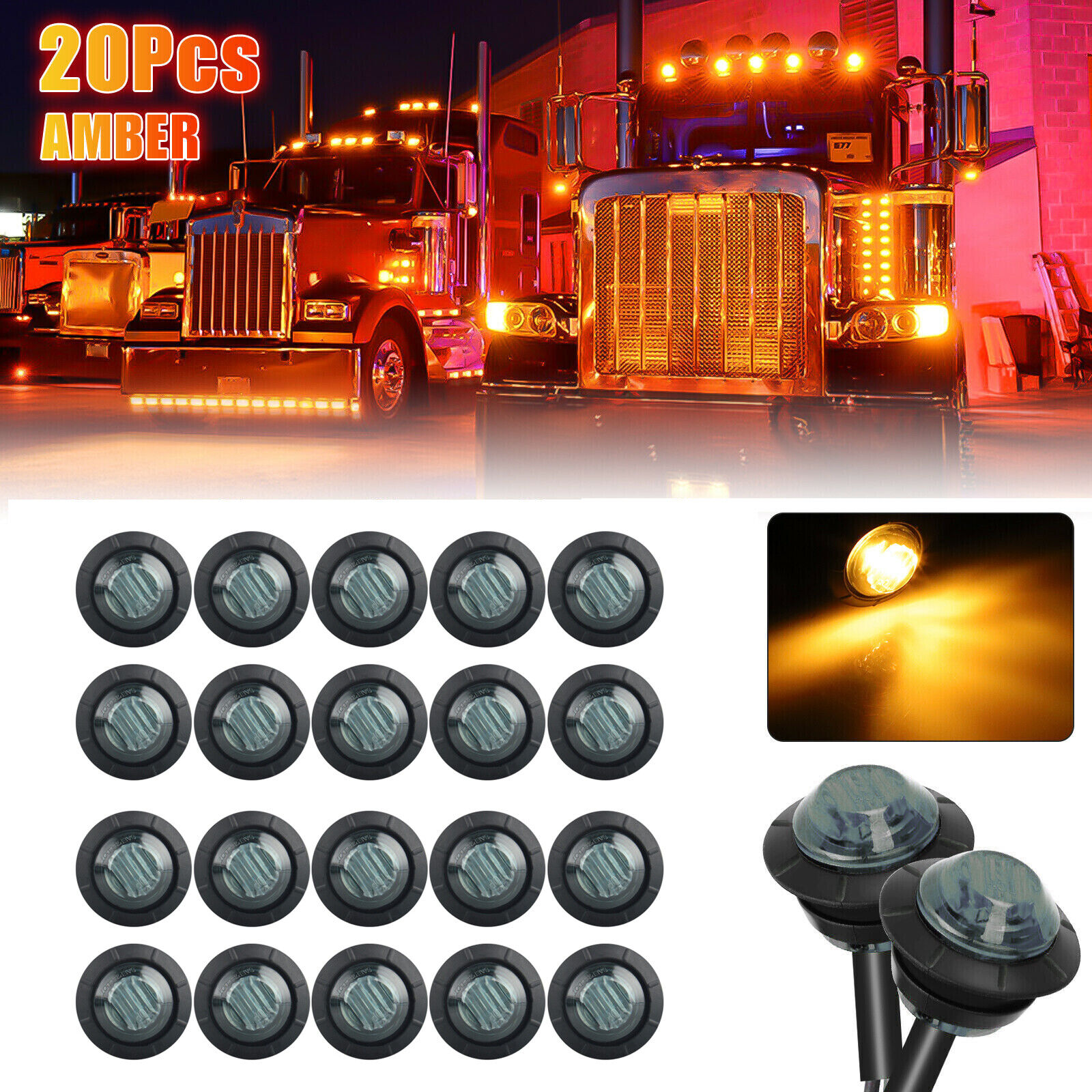 10pcs 3/4" LED Side Marker Lights Truck Trailer RV Round Bullet Clearance Lamps