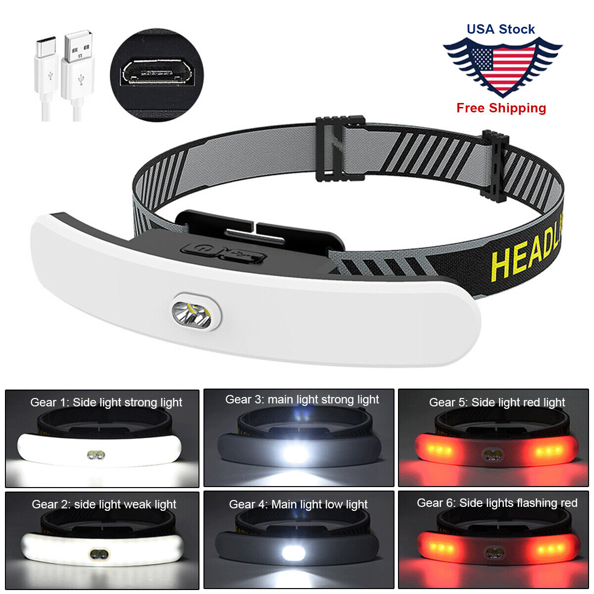 New LED Headlamp USB Rechargeable Headlight Torch Work Light Bar Head Band Lamp