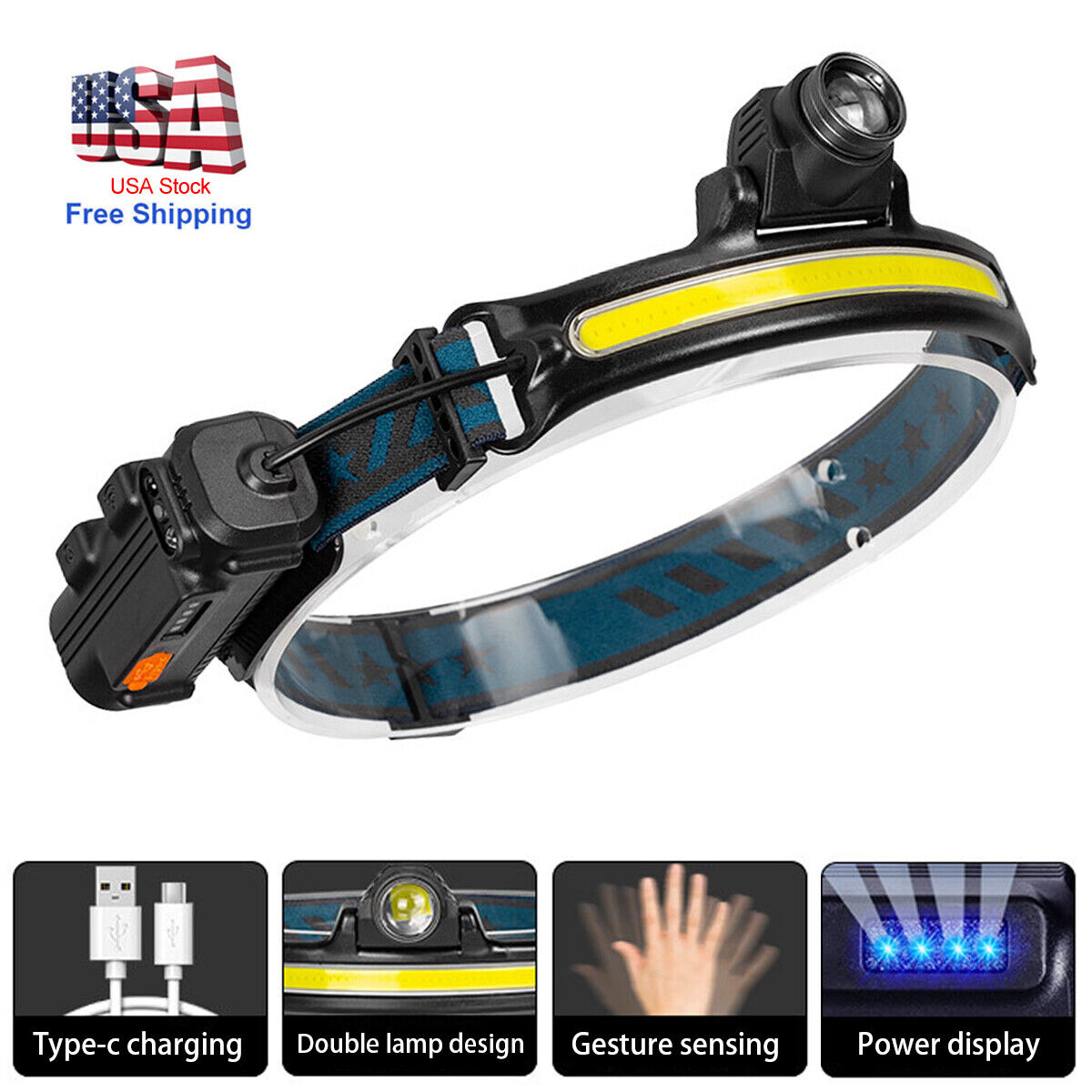 COB LED Headlamp USB Rechargeable Headlight Torch Work Light Bar Head Band Lamp~