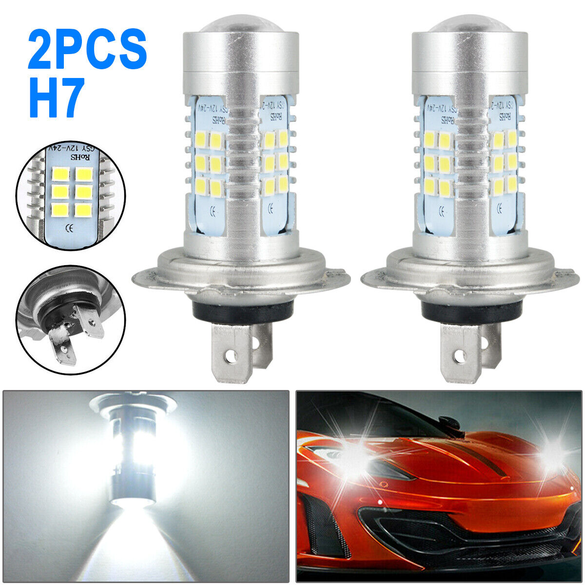 2PCS H7 LED Headlight Bulb Kit High/Low Beam 110W 30000LM Super Bright 6000K