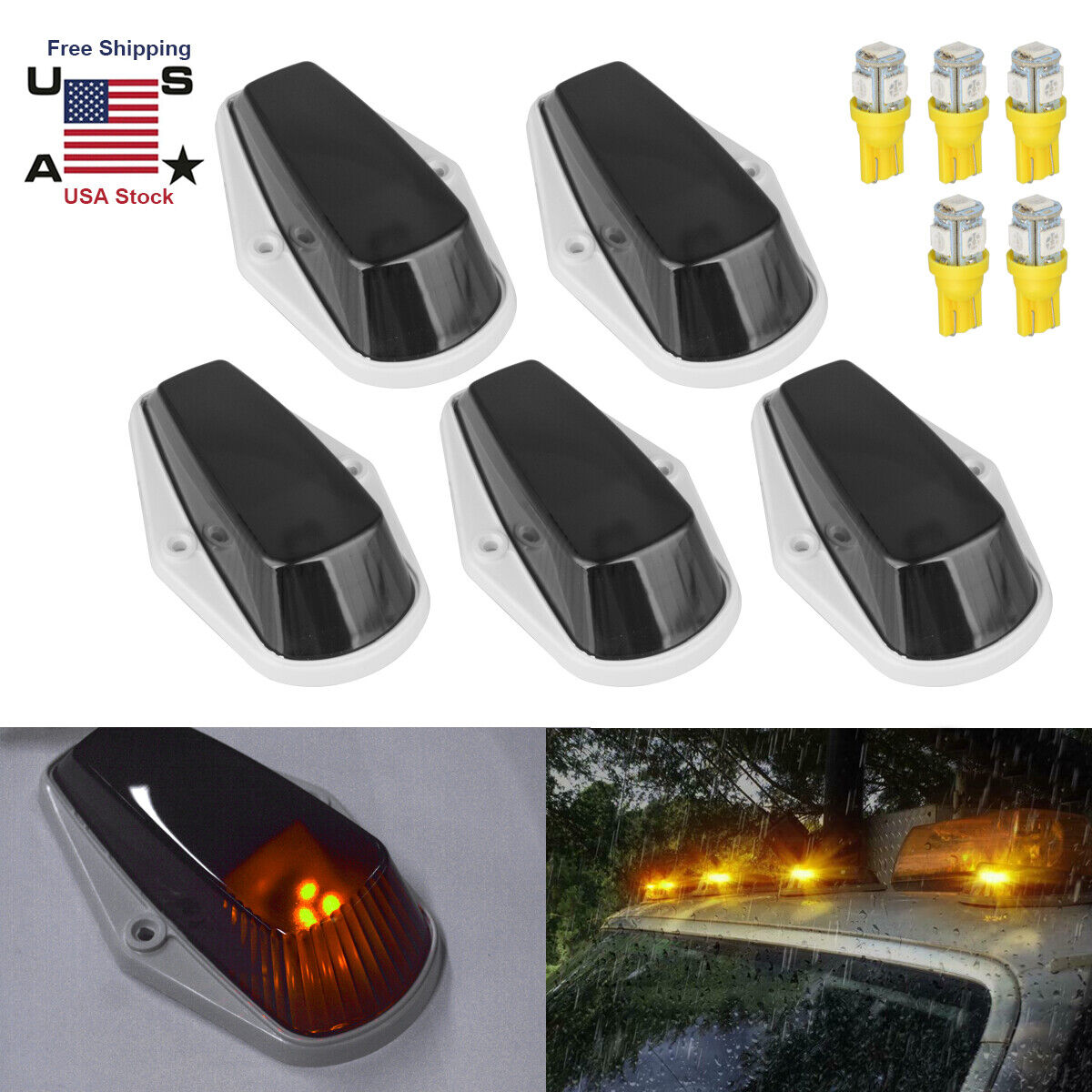 5Pcs For Ford F150 F250 F350 Running Roof Top Cab Clearance Led Lights Amber USA