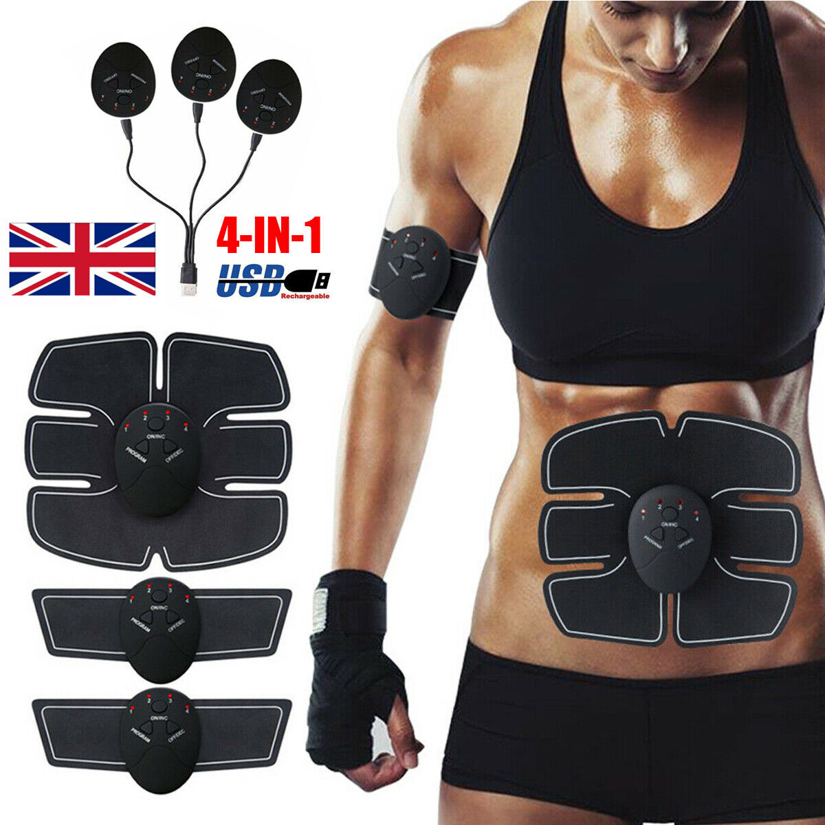 USB Rechargeable Smart EMS Fitness Belt Abs Muscle Toning Trainer Stimulator Kit