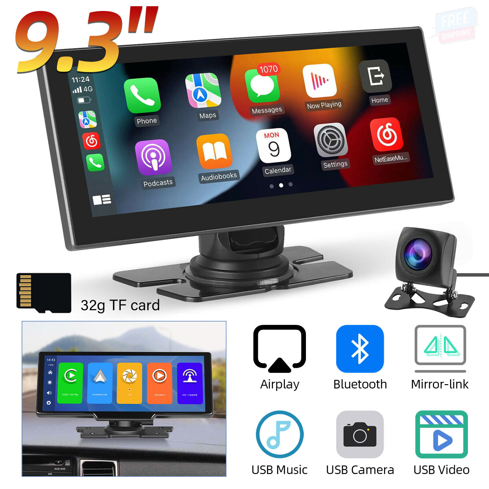 Premium 9.3'' Touch Screen With Apple Wireless CarPlay For Nissan Honda Toyota