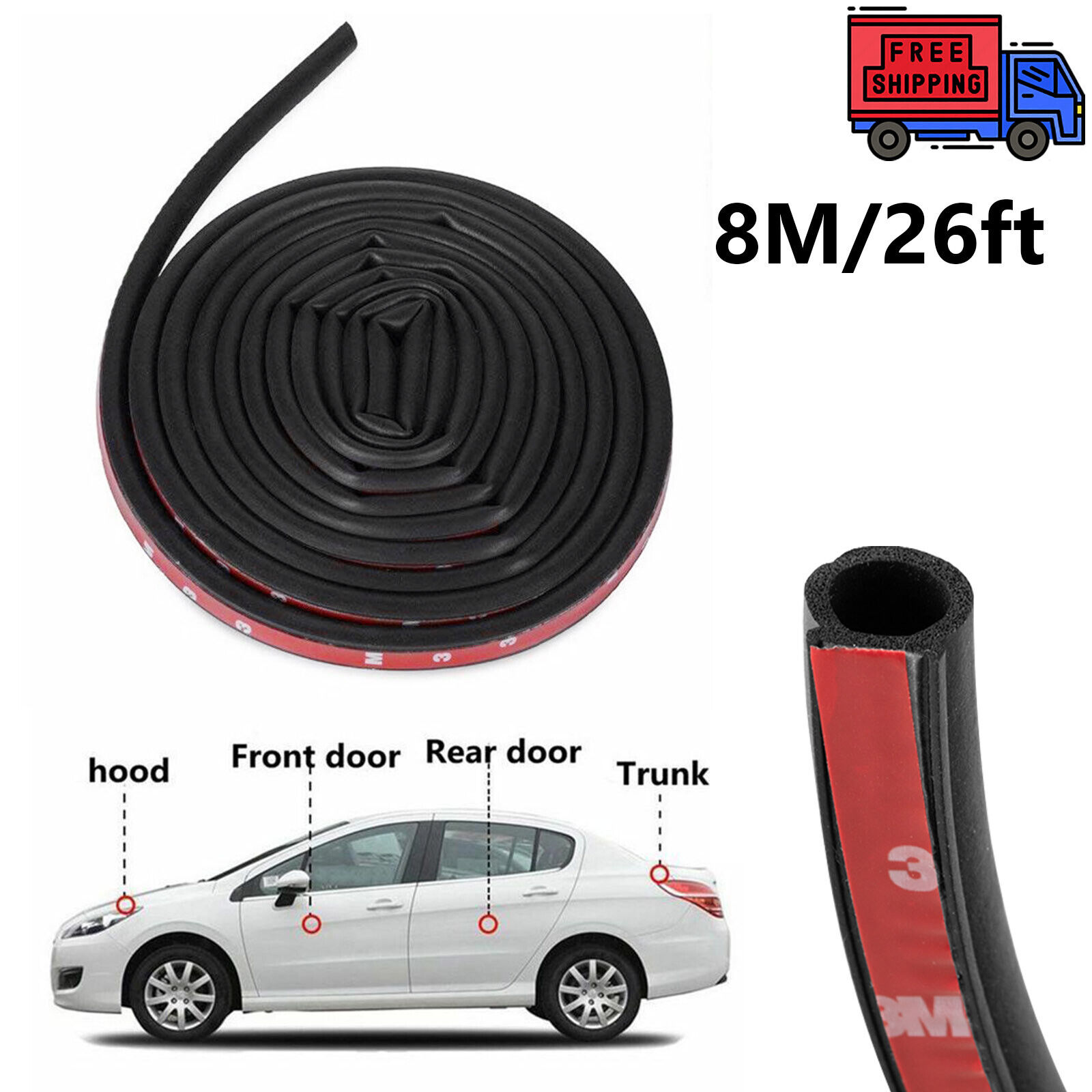 Universal Car Door Rubber Weather Seal Hollow Strip Weatherstrip 26FT 8M Dshape