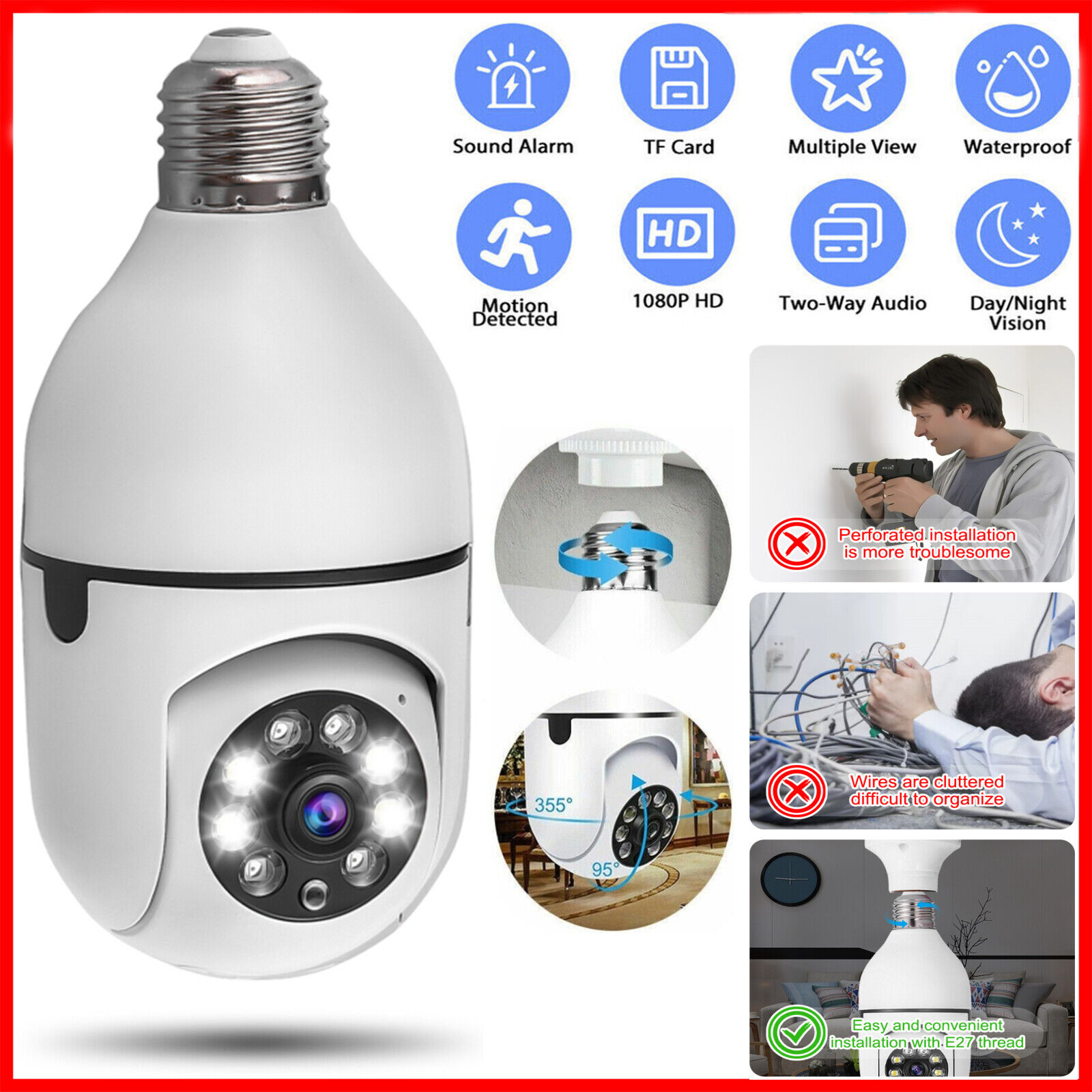 360° 1080P Wireless IP E27 Light Bulb Camera Wi-Fi IR Night Smart Home Security