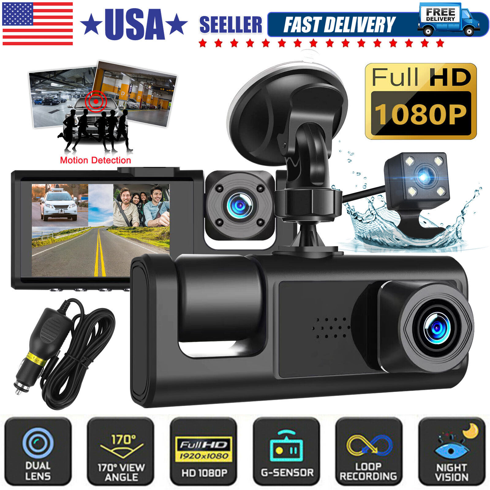 HD 1080P Car Dual Lens Dash Cam Front/Rear/Inside Video Recorder Camera G-sensor