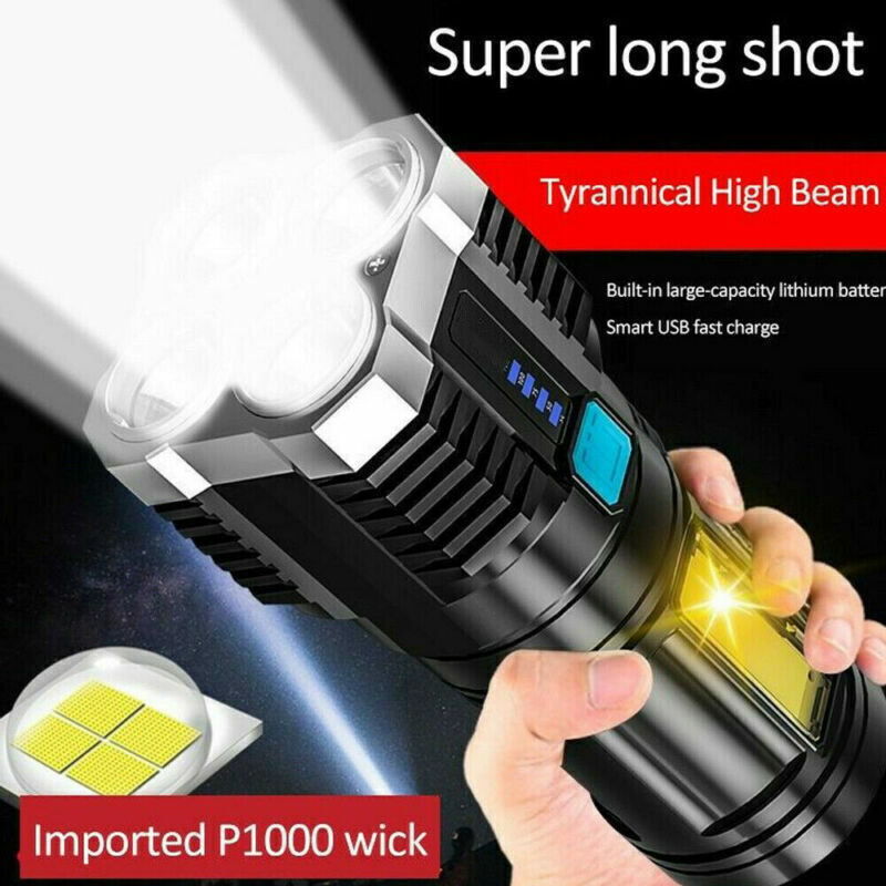 Tactical Quad-Core Super Bright Torch LED Flashlight USB Rechargeable Camping
