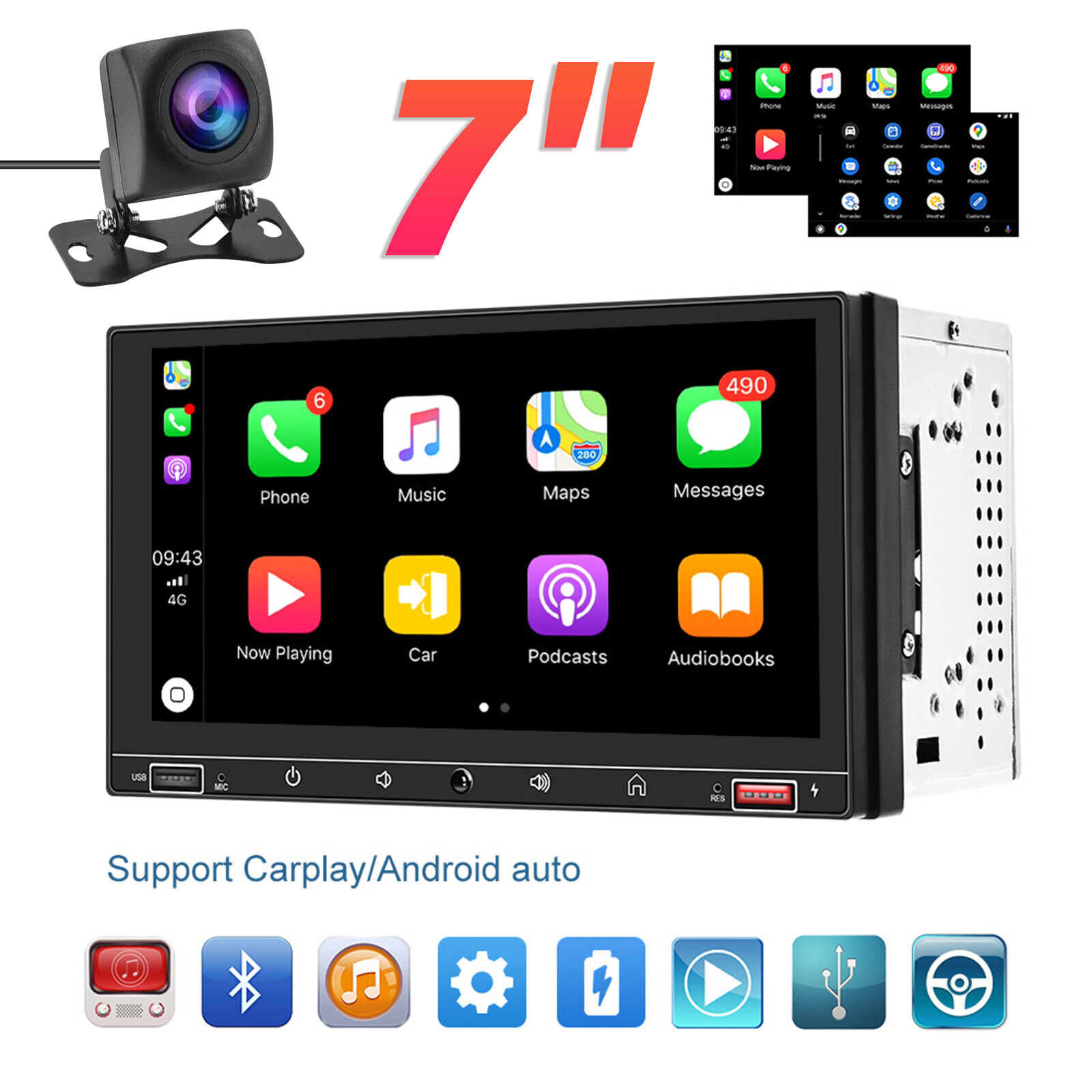 7" Double Din Car Stereo with Apple Carplay Android Auto Play MP5 Radio w/Camera