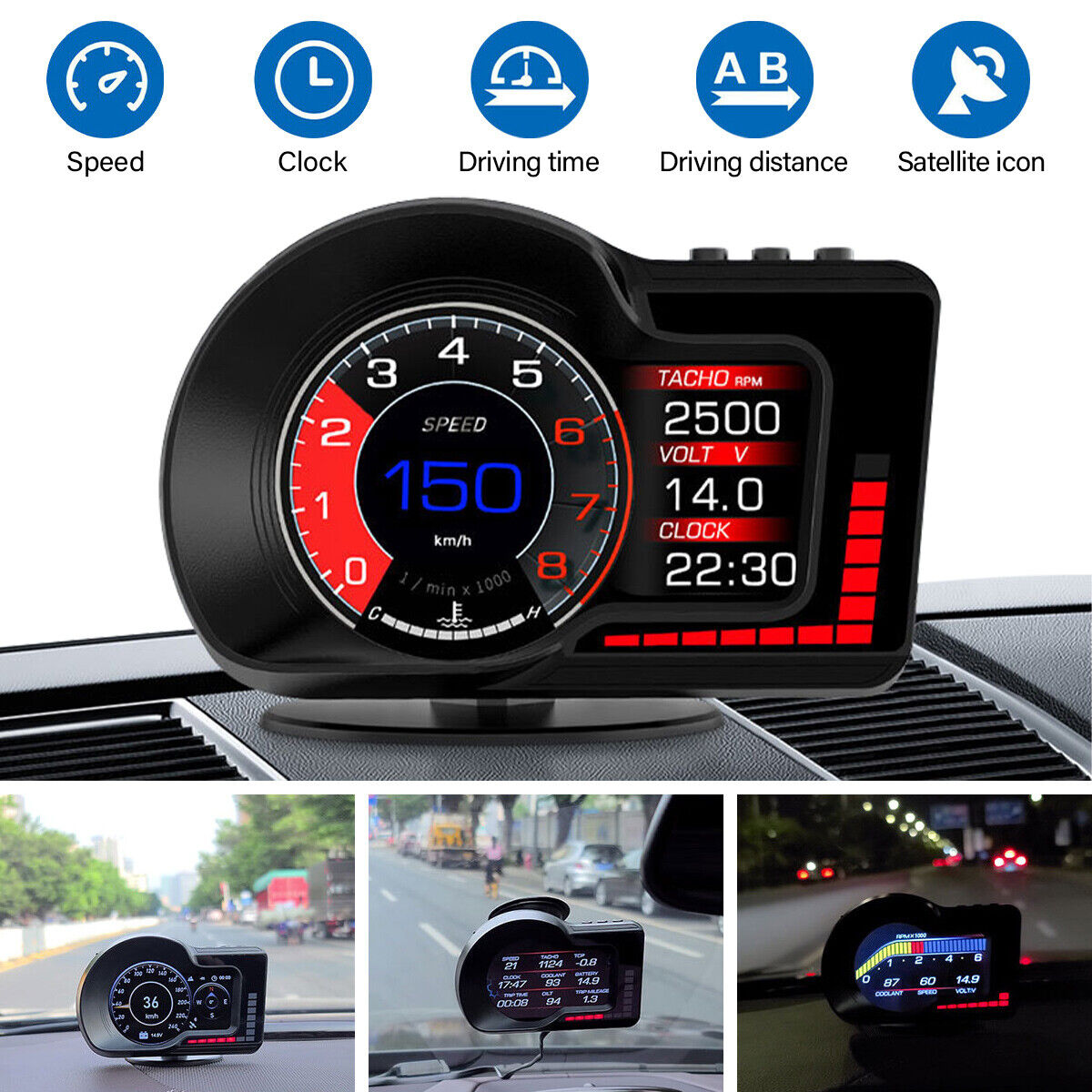 Car HUD Head Up Display OBD2+GPS Speedometer Smart LCD Digital Gauge Odometer-