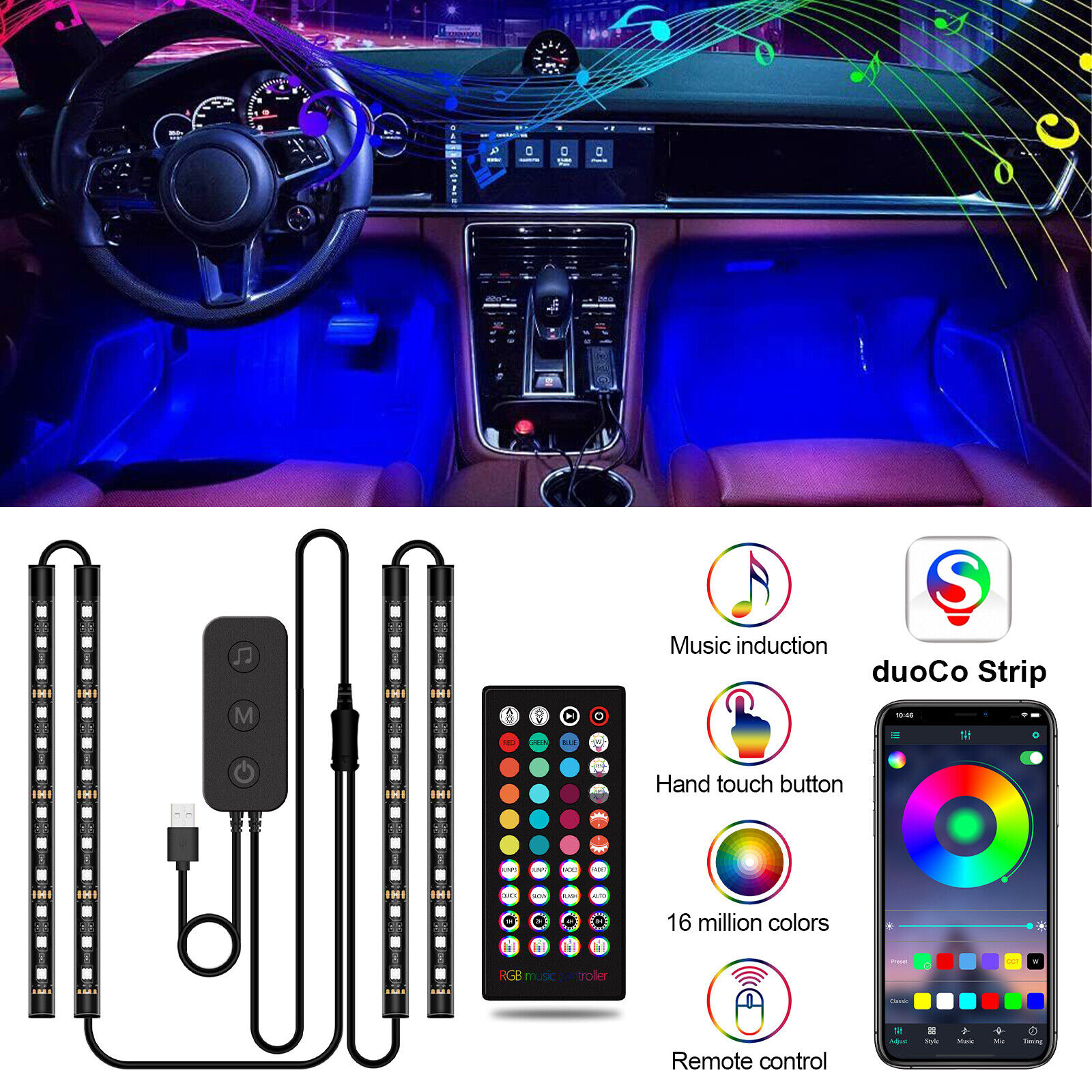 RGB LED Car Interior Lights Strip Neon Atmosphere Light Kit App Control Premium