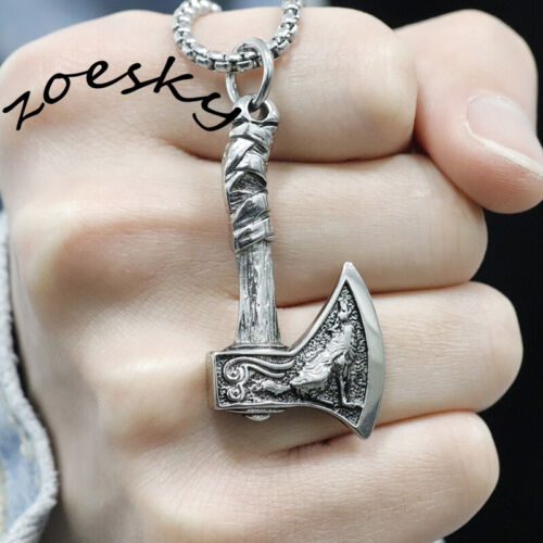 Vintage Viking Mens Wolf Axe Necklace Norse Stainless Steel Charm Jewelry Chain