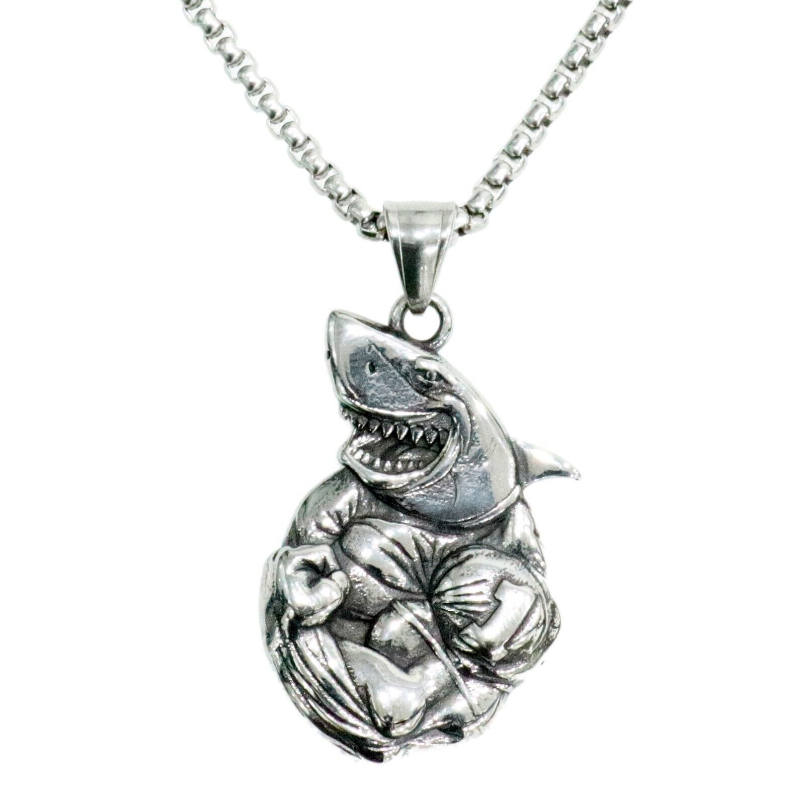 Stainless Steel Fitness Shark Pendant Necklace Gym Bodybuilder Mens Boys Jewelry