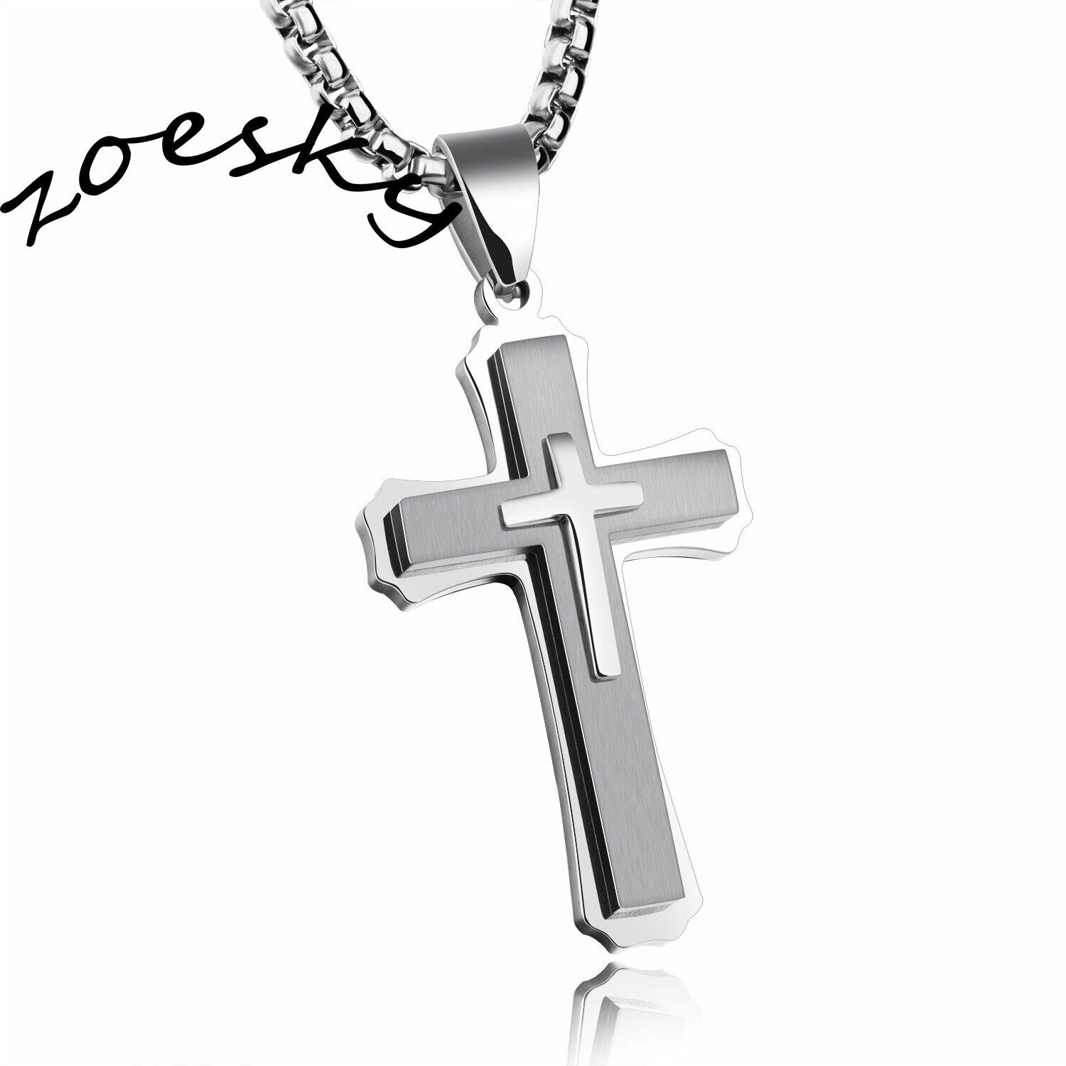 Mens Cross Pendant Stainless Steel Crucifix Necklace Boys Box Chain 24 Inch