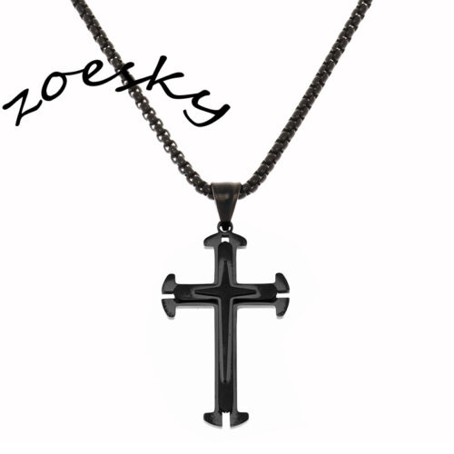 Mens Black Cross Pendant Necklace Stainless Steel Jesus Religious Christmas Gift