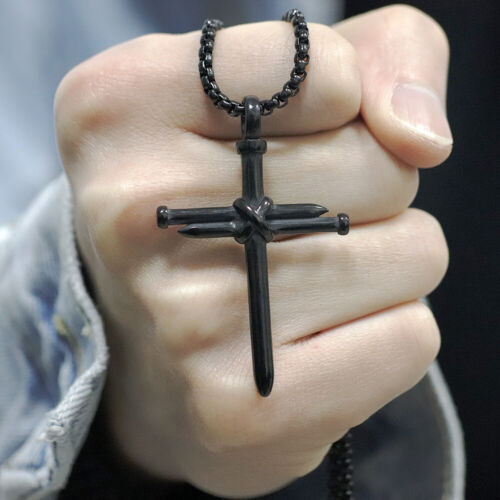 Black Nail Rope Cross Necklace Mens Christ Amulet Stainless Steel Pendant Gifts