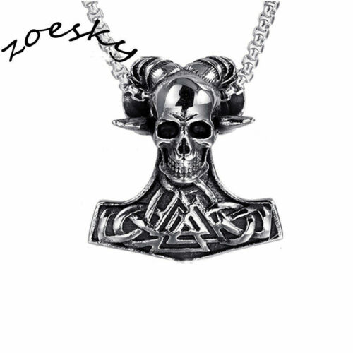 Viking Mens Goat Skull Hammer Pendant Necklace Norse Stainless Steel Gothic Gift