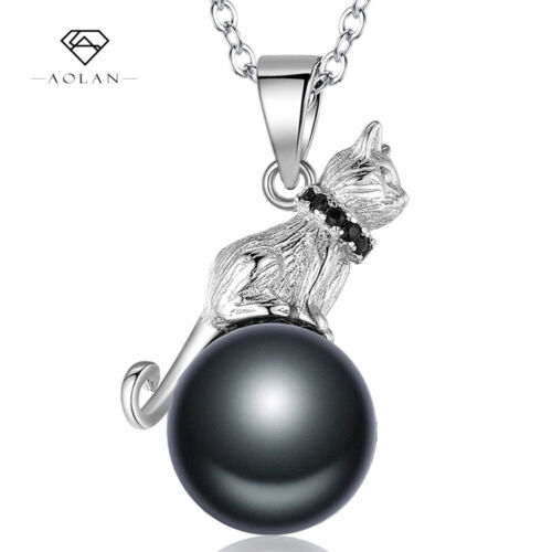 Pearl Cute Cat&Moon Pendant Necklace 925 Sterling Silver Jewelry for Women Girls