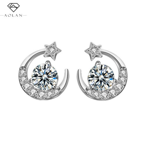 Women 1ct/pair Moissanite Stud Earrings CZ Star&moon 925 Sterling Silver Unique