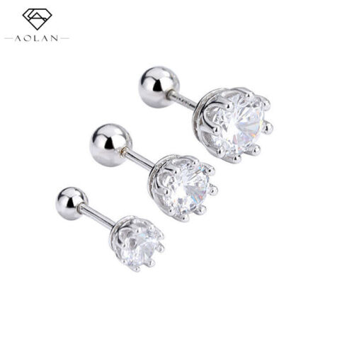 925 Sterling Silver Round Cubic Zirconia Stud Earrings Screw Back for Women