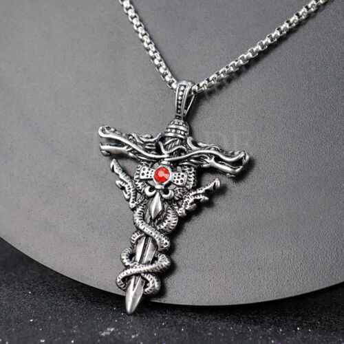 TIGRADE Gothic Mens Dragon Sword Cross Pendant Necklace Stainless Steel Amulet