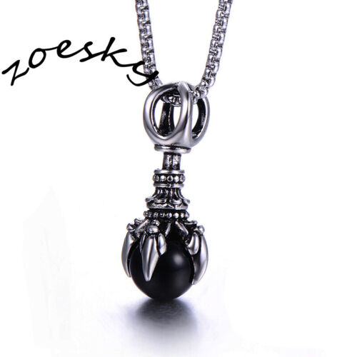 Gothic Mens Dragon Claw Necklace Retro Black Ball Biker Stainless Steel Pendant