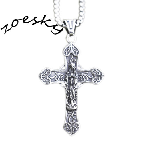 Mens Virgin Mary Jesus Cross Pendant Necklace Stainless Steel Rolo Chain Set