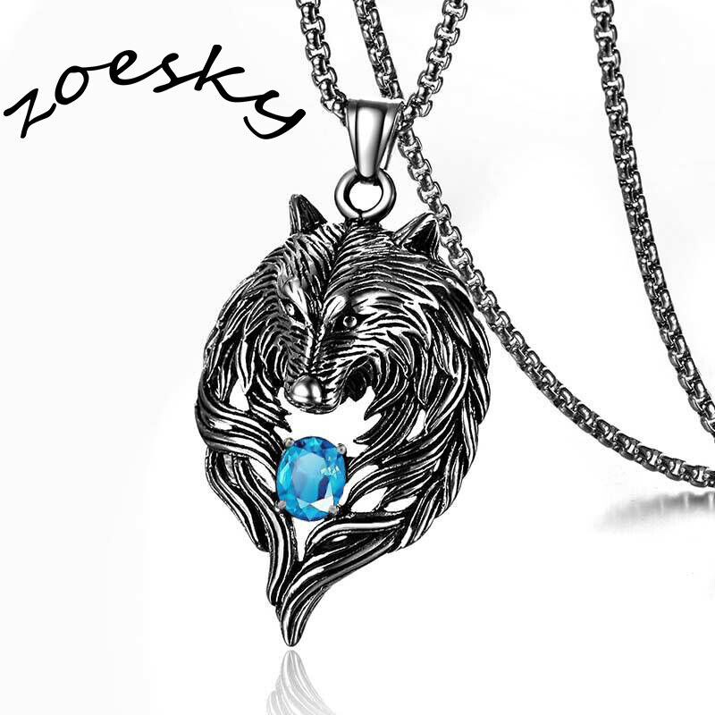 Retro Viking Wolf Head Necklace Pendant for Girls Stainless Steel Zircon Jewelry