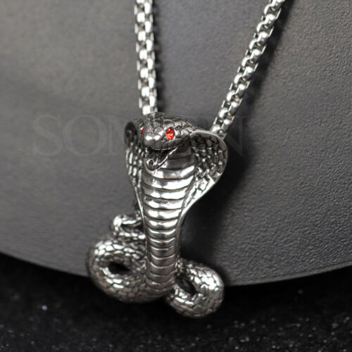 Silver Snake Cobra Pendant Necklace Mens Boys Animal Stainless Steel Jewelry