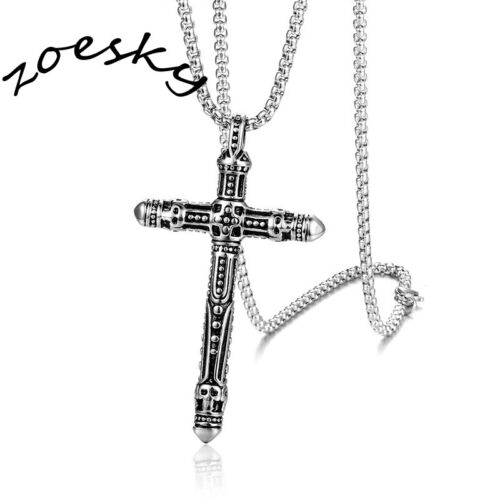 Mens Gothic Cross Pendant Necklace Vintage Biker Skull Stainless Steel 24" Chain