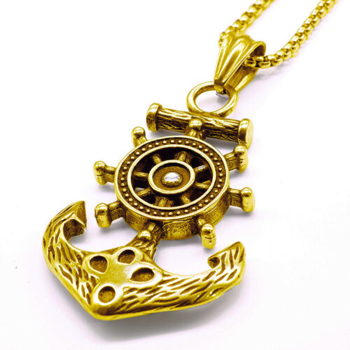 Mens Womens Gold Plated Anchor Pendant Necklace Chain Stainless Steel Charm Set