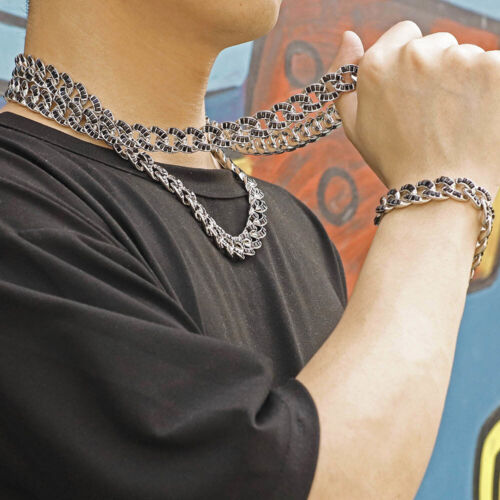 Mens Women Miami Curb Link Necklace 15mm Cuban Chain Hip Hop Rhinestone